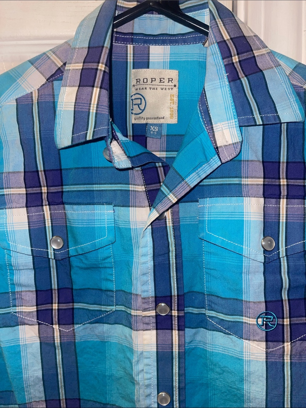 Roper Turquoise and Navy Plaid Short-Sleeve Button Shirt